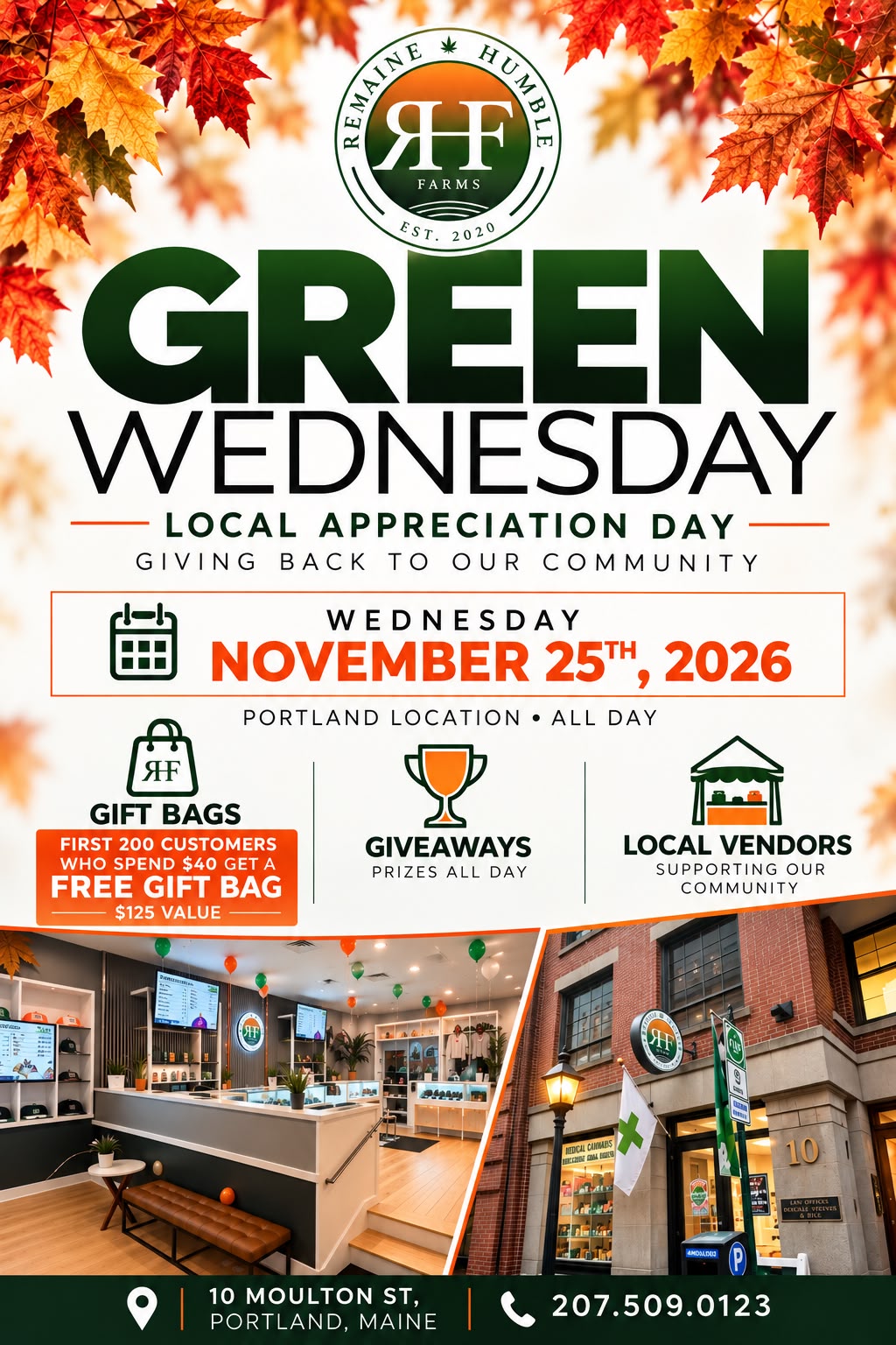 Green Wednesday Local Appreciation Day flyer for the Portland, ME dispensary — Wednesday November 25, 2026, all day