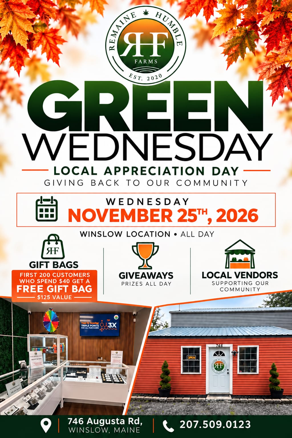 Green Wednesday Local Appreciation Day flyer for the Winslow, ME dispensary — Wednesday November 25, 2026, all day